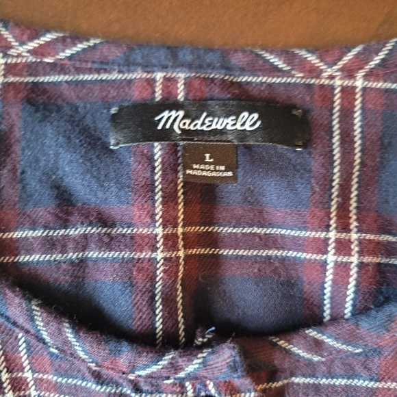Madewell | Maroon/Navy Plaid Ruffle-Yoke Button Down W/ Easy Roll Sleeves - Picture 5 of 11